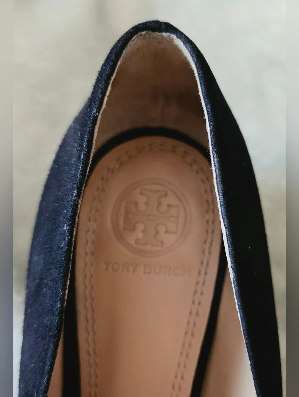 Tory Burch Black Suede Block Heel Loafers with Gold Logo Buckle